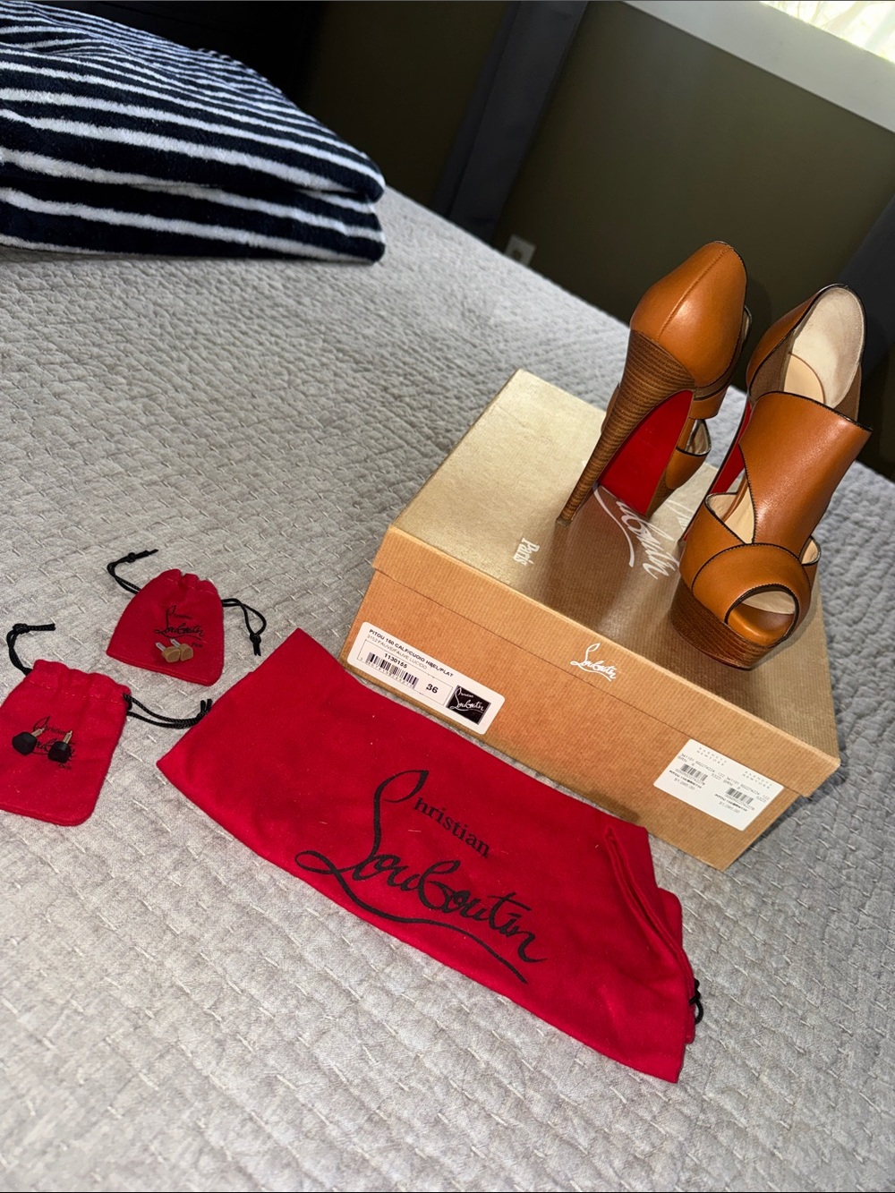 Christian Louboutin Cognac Peep-Toe Platform Pumps with Signature Red Sole